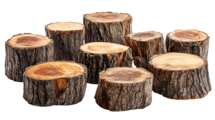 Set of tree stumps isolated on a white cutout.