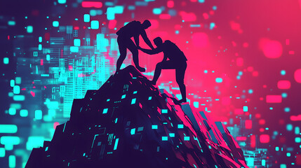 Two Silhouetted Climbers Helping Each Other on a Futuristic Mountain in a Digital Landscape