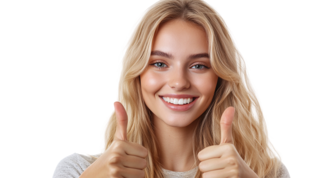 Smiling blonde woman showing thumbs up and ok sign, isolated on transparent background.
