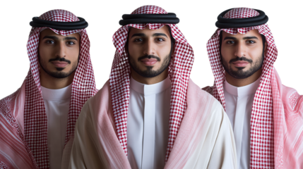 Three saudi men wearing traditional clothing, isolated on transparent background.