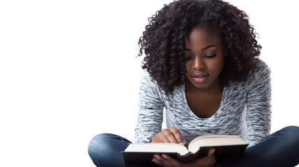 Woman reading a book for study, isolated on transparent background.