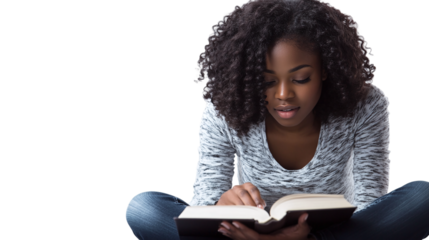 Woman reading a book for study, isolated on transparent background.