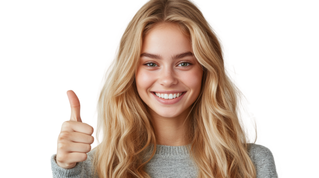 Smiling blonde woman showing thumbs up and ok sign, isolated on transparent background.