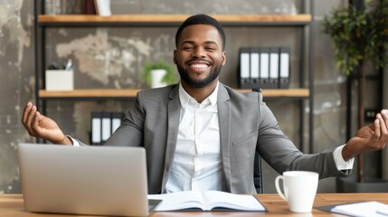 Fototapeta premium Business professional practicing meditation in office environment for stress relief and focus