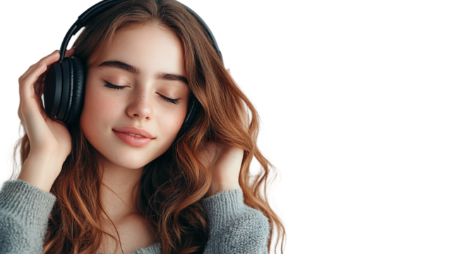 Young woman listening to music with headphones, isolated on transparent background.