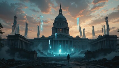 Futuristic Capitol Building with Neon Lights at Dusk