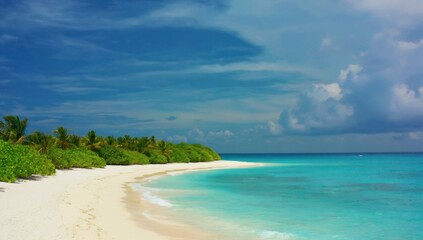 Tropical Paradise: A pristine beach with fine white sand, lapped by crystal-clear turquoise waters under a vibrant blue sky, embodying tranquility and natural beauty.