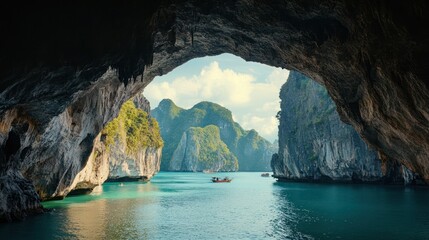 Cave opening, bay view, boats, islands, tropical