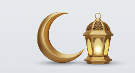 3D Ramadan lantern and crescent moon on a clean white background. Merges Islamic tradition with modern minimalism. Ideal for Eid designs, social media, and cultural projects. High-res, vector-ready.
