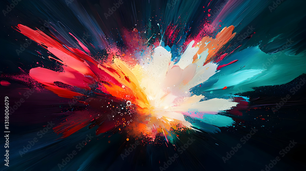 Poster vivid colors exploding from the center with a bright light on a black background digital art