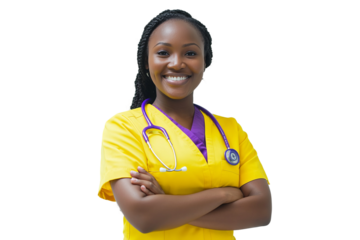 happy and smiling woman wearing a yellow doctor's outfit with brown details, with her arms crossed, on a white background