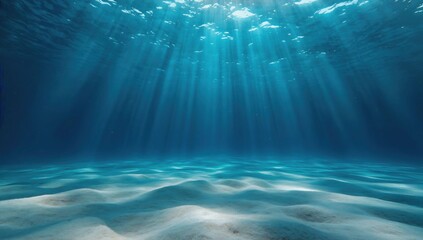 Underwater Radiance: Sunlight streams through the tranquil surface of the deep ocean, illuminating the sandy seabed with mesmerizing patterns and casting a magical glow.