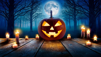 Spooky Halloween Night with Glowing Jack-O'-Lantern Under a Full Moon