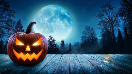 Spooky Halloween Night with Glowing Jack-O'-Lantern Under a Full Moon