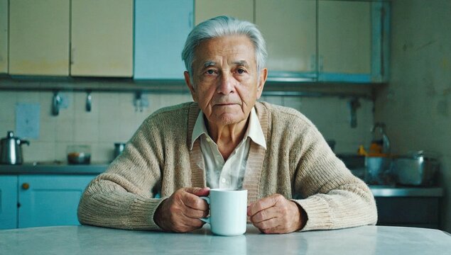Elderly Man with Coffee:  A contemplative senior citizen, his face etched with the wisdom of years, sits thoughtfully in his kitchen, holding a cup of coffee, his gaze directed towards the viewer.