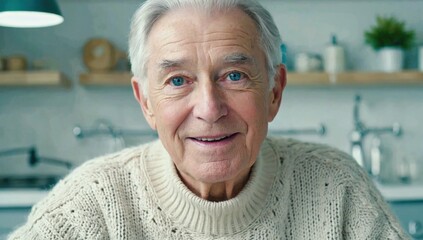 Serene Smile of Senior Man: Capturing the warmth and wisdom of age, this close-up portrait of a senior man radiates happiness and contentment.