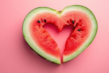 A freshly cut watermelon shaped into a heart lies on pink