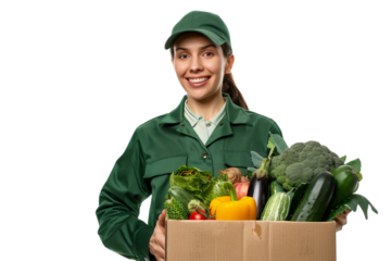 young woman holding a grocery bag isolated on transparent background