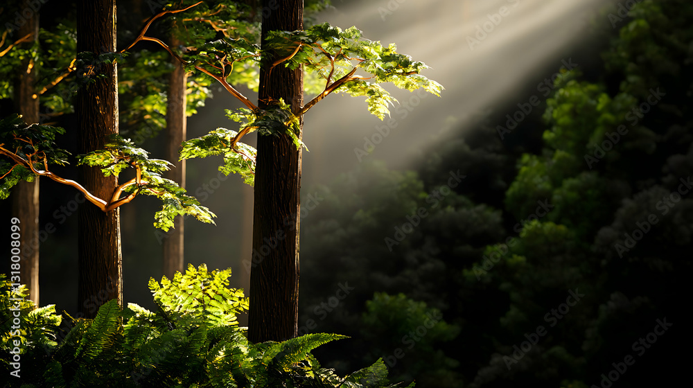 Poster trees in a forest lit by a natural source of light