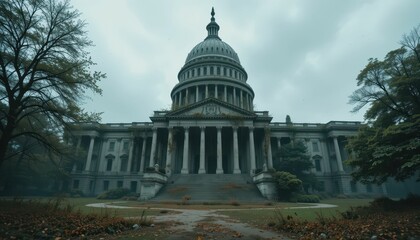 Majestic Capitol Building Surrounded by Fog on Cloudy Day