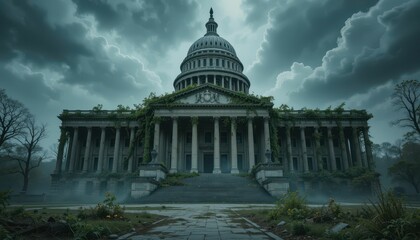 Fototapeta premium Abandoned Capitol Building Overgrown with Plants and Dramatic Sky