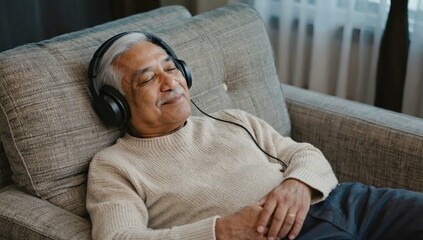Obraz premium Harmony through Music: A serene senior citizen finds solace and enjoyment, reclining on a comfortable couch, immersed in the world of music through his headphones.