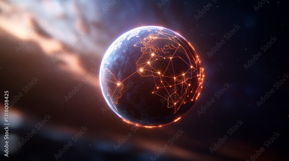 Poster earth map with digital network over the globe in space with clouds and stars