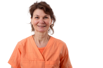 happy and smiling woman, wearing light orange doctor's clothing with dark yellow details, on a white background