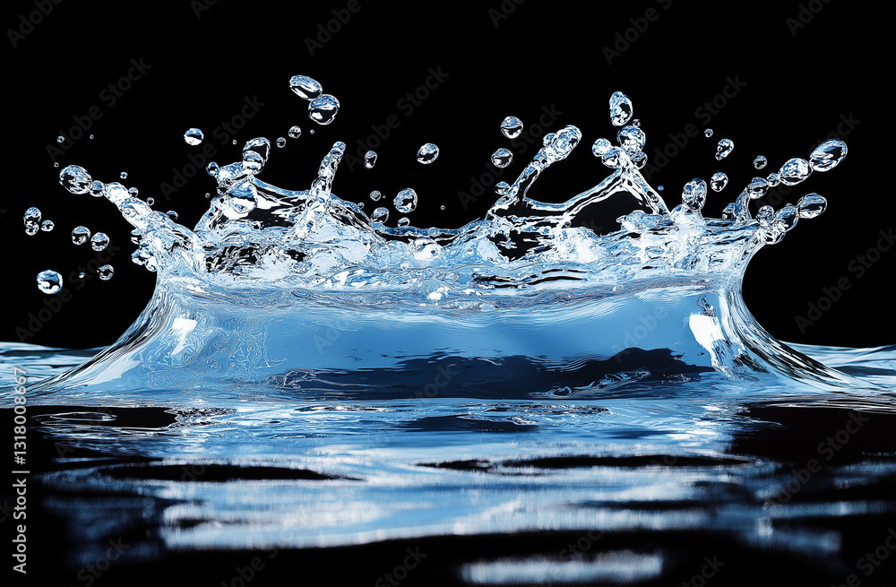 Poster water splashing in slow motion on a black background, 3d rendering, vector illustration with a white