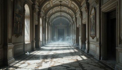 A Majestic Abandoned Hallway in a Historic Building with Light
