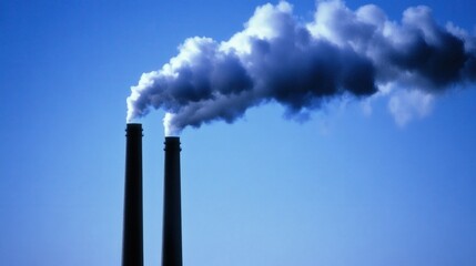 Twin smokestacks releasing white smoke against a clear blue sky, symbolizing industrial activity