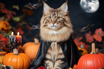 Cat in cape sits with pumpkins for Halloween. For holiday greetings cards