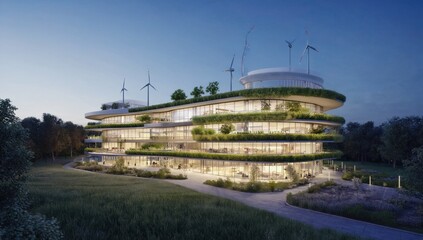 Obraz premium Sustainable Architecture: A modern architectural marvel, designed with sustainability in mind. This building boasts a green roof and wind turbines, all set against a backdrop of natural surroundings.