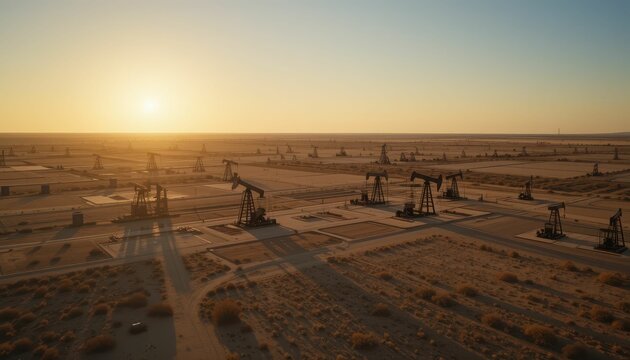 Oil Pump Jacks in Desert Landscape at Sunrise with Warm Horizon