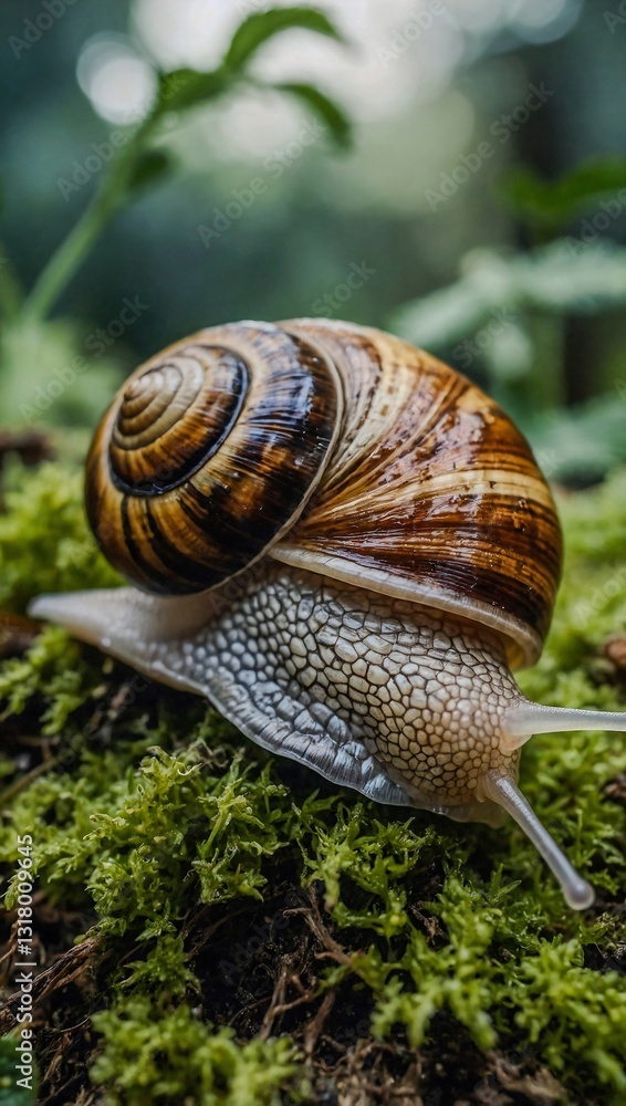 Poster an intricate depiction of a snail with a detailed shell, harmonizing with surrounding nature.