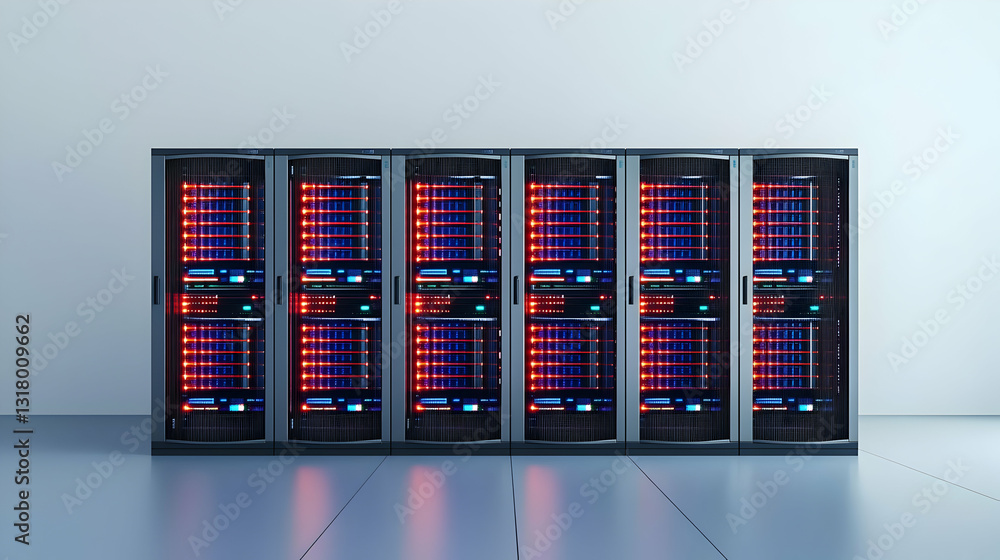 Poster six server racks with glowing red and blue lights in a modern data center with a clean gray backgrou