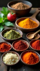 Variety of exotic spices neatly displayed on rustic table, cooking ingredients, food preparation, exotic, culinary herbs