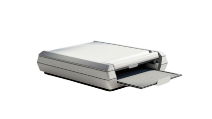 A sleek, modern flatbed scanner with a transparent background, featuring an open tray, perfect for digitizing documents.