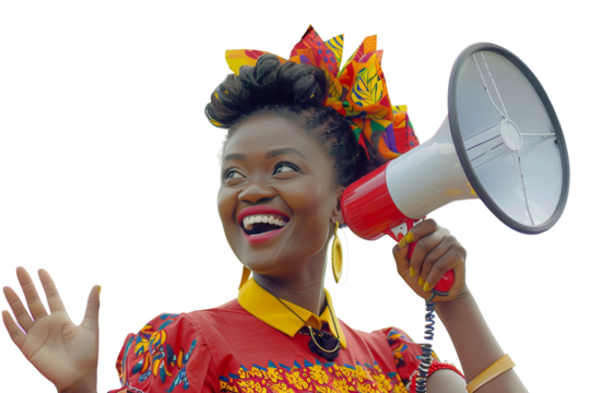 happy and smiling woman, wearing red clothes with yellow details, holding a megaphone in her right hand on a white background