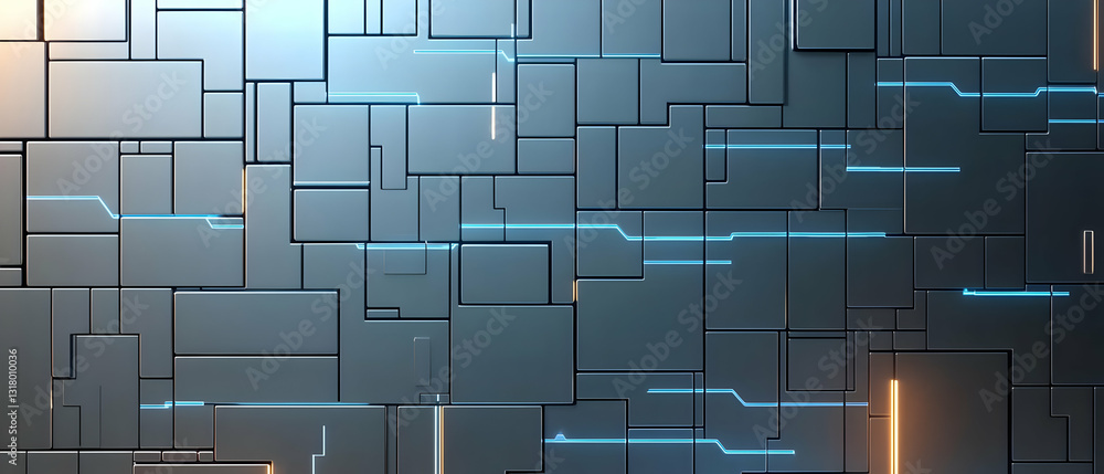 Poster intricate illuminated grid with glowing blue and orange lines on dark metallic surface in 3d rendere