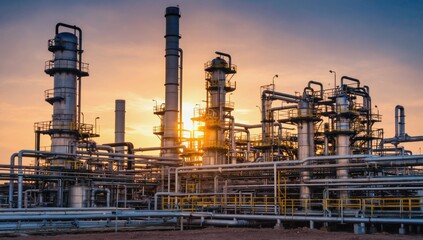 Industrial Dawn: An industrial facility complex, featuring towering structures, pipelines, and equipment, is bathed in the warm light of dawn.