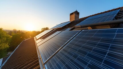Solar panels on roof in a neighborhood, promoting green energy at golden hour