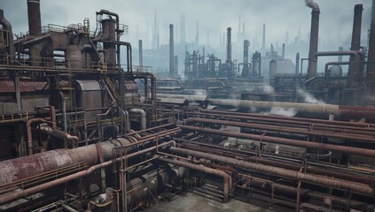Industrial Maze: An expansive, intricate industrial complex dominates the landscape, a testament to human ingenuity and the raw power of industry.
