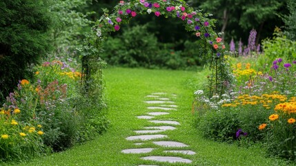 Beautiful Floral Pathway in Serene Garden Setting with Archway
