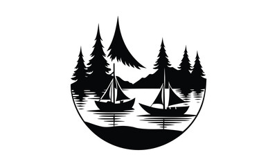Sailboats Lake Silhouette Pine Forest Scene