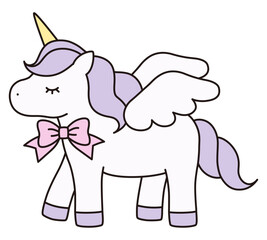 かわいいユニコーンのベクターイラスト。馬、動物、リボン、ドリーミー、羽、ペガサス、線