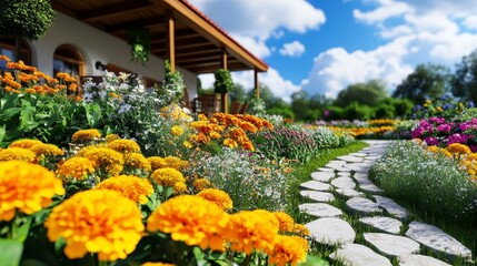 Obraz premium Vibrant Flower Garden with Pathway and Blue Sky in Background