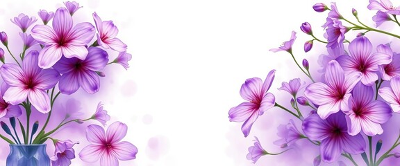 Delicate watercolor purple spring flowers in a frame design, soft edges, watercolor, elegant