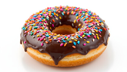 Chocolate glazed donut with colorful sprinkle isolated with white background