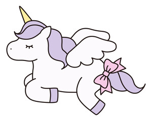 かわいいユニコーンのベクターイラスト。馬、動物、リボン、ドリーミー、羽、ペガサス、線